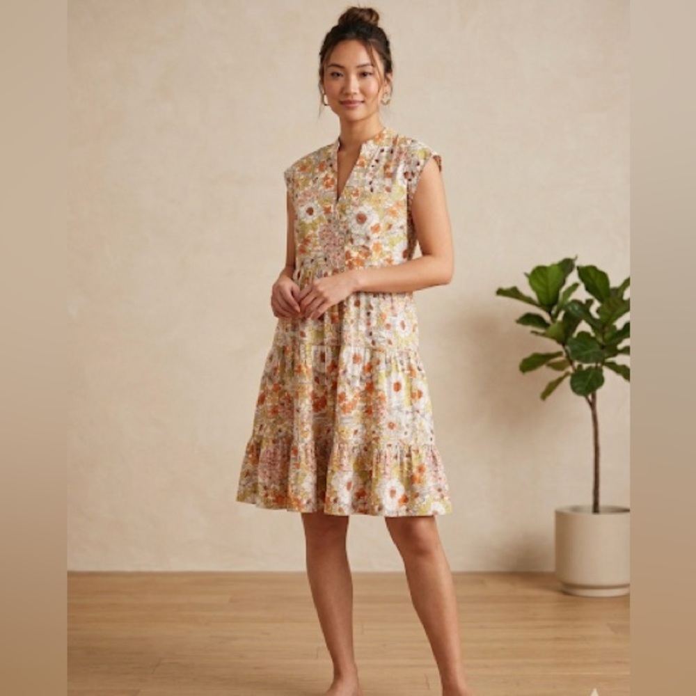 BOHO CHIC Tiered Midi Dress - White with Orange & Pink Floral